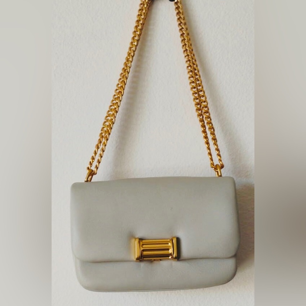Warm Studio: Taupe/ Cream Crossbody Bag with Gold Chain Strap by